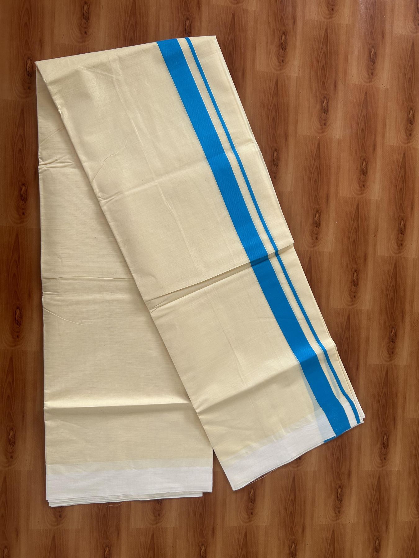 Kannur Kavi - 20% Discount! KaithariKada Balaramapuram Double Mundu/Dhoti - Pure Cotton - 100x80 - Kannur Yellow colour Body 1 Inch Sky Blue kara - 4 mtr - (8.5 muzham) - 8 KK5389 GAN