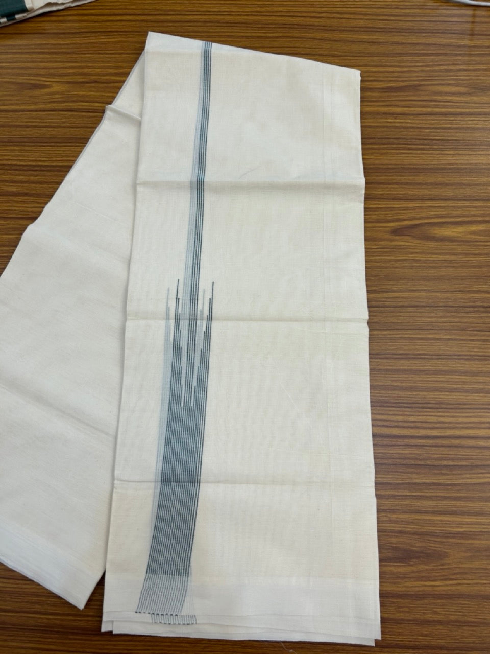 20% Discount! KaithariKada Balaramapuram 100% Cotton Double off white (Unbleached) Mundu/Dhoti - 100X80 - 1.5 inch Dark Green Striped chutty Kara 4 mtr (8.5 Muzham) - 65 KK5283 PMC