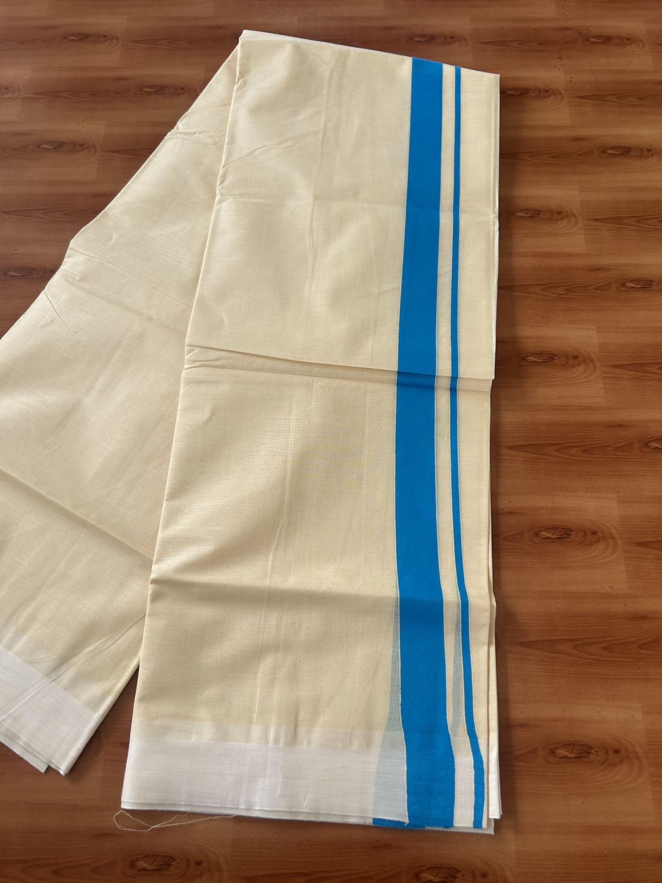 Kannur Kavi - 20% Discount! KaithariKada Balaramapuram Double Mundu/Dhoti - Pure Cotton - 100x80 - Kannur Yellow colour Body 1 Inch Sky Blue kara - 4 mtr - (8.5 muzham) - 8 KK5389 GAN