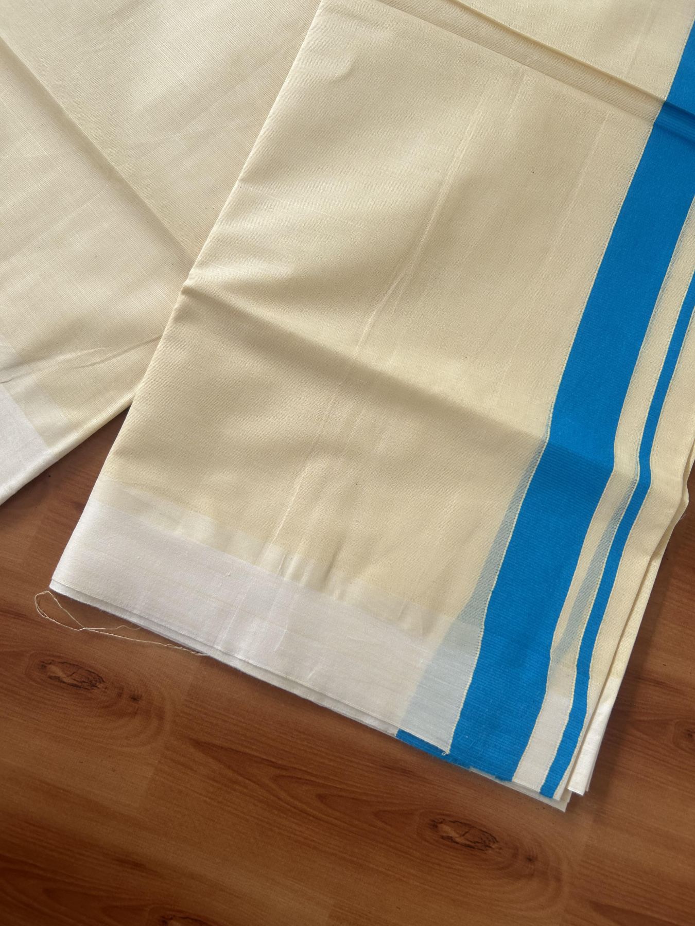 Kannur Kavi - 20% Discount! KaithariKada Balaramapuram Double Mundu/Dhoti - Pure Cotton - 100x80 - Kannur Yellow colour Body 1 Inch Sky Blue kara - 4 mtr - (8.5 muzham) - 8 KK5389 GAN