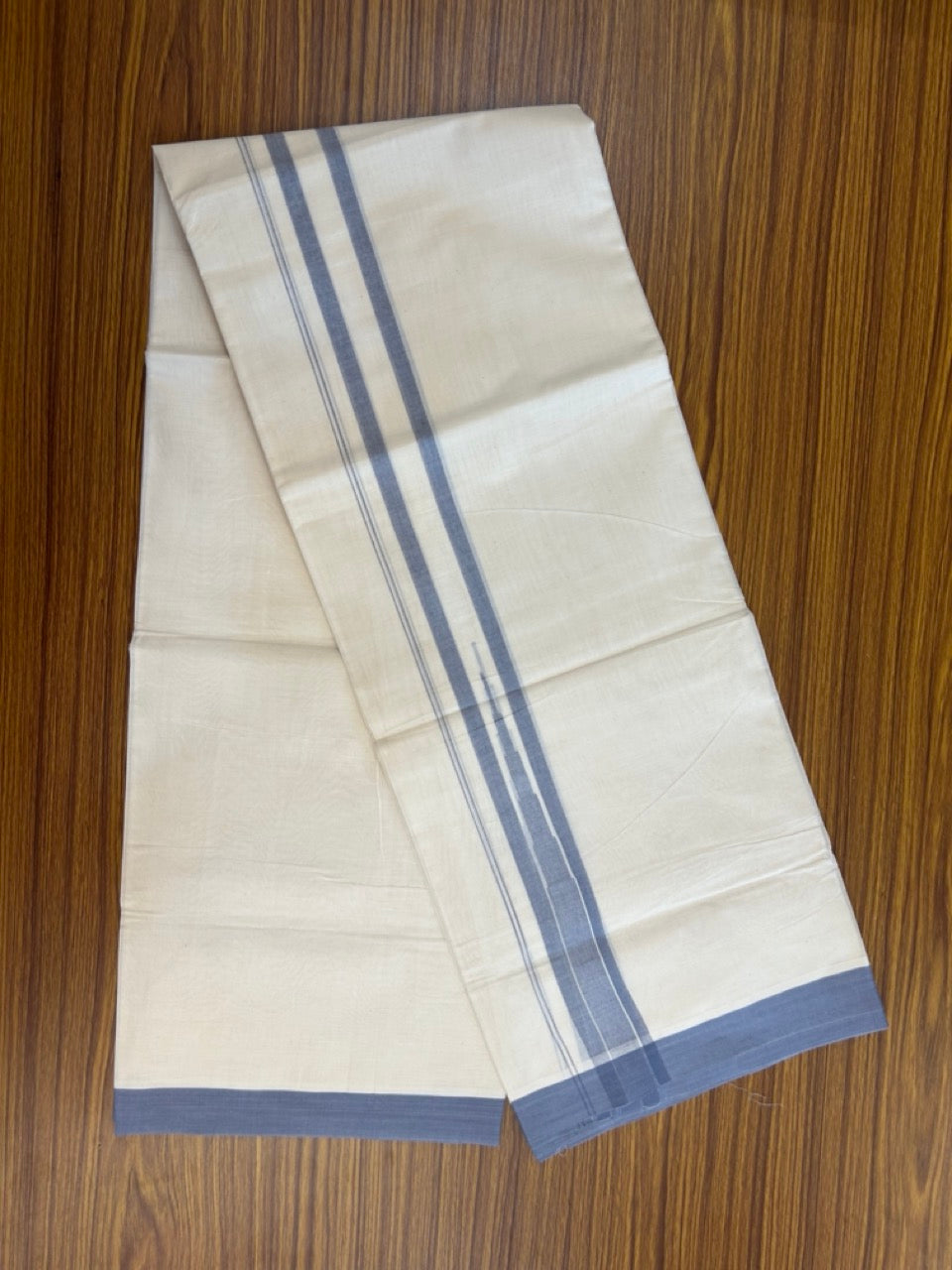 20% Discount! KaithariKada Balaramapuram 100% Cotton Double off white (Unbleached) Mundu/Dhoti - 100X80 - 1.75 inch Ash Blue Striped chutty Kara 4 mtr (8.5 Muzham) - 62 KK5283 PMC