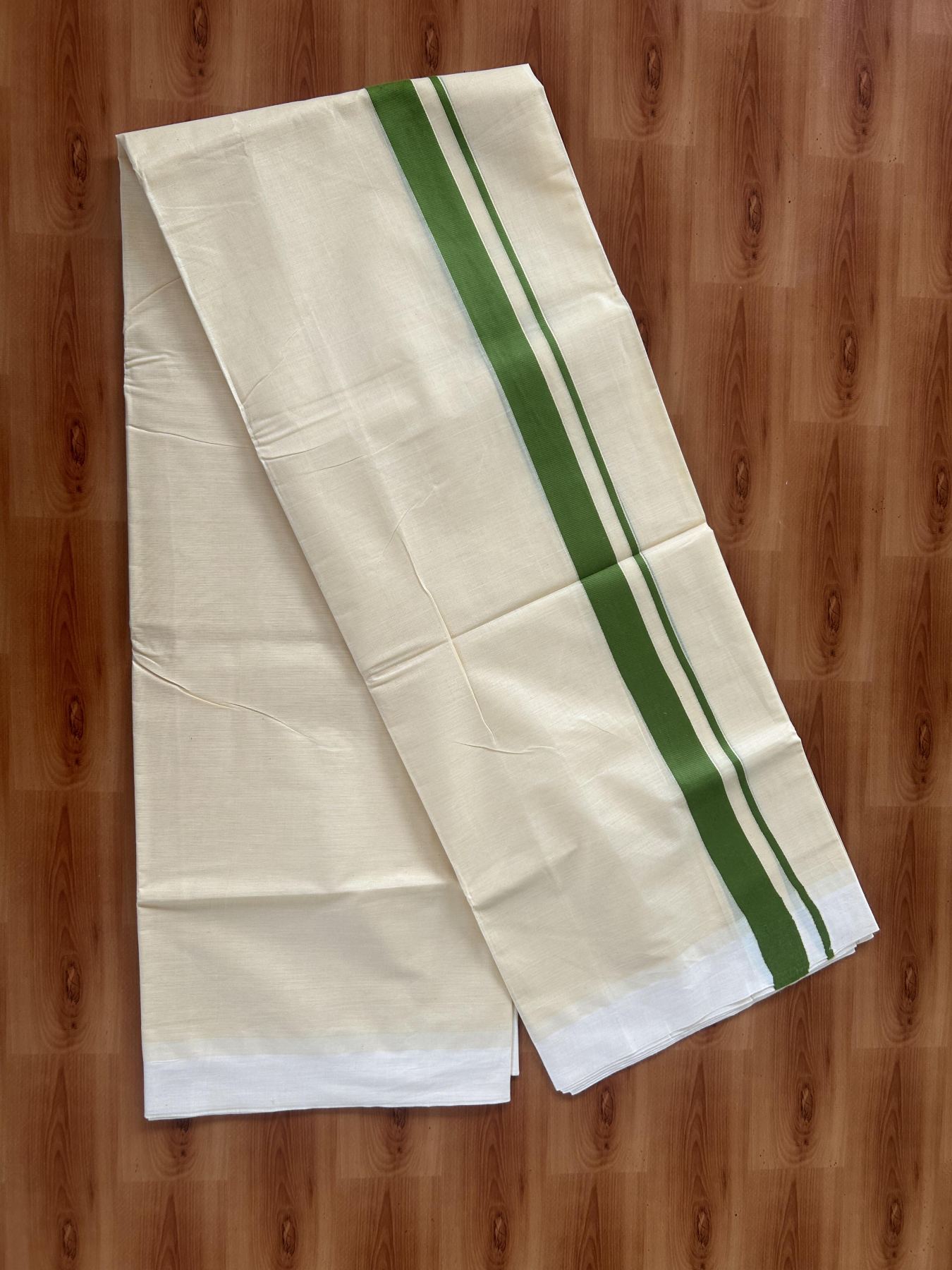 Kannur Kavi - 20% Discount! KaithariKada Balaramapuram Double Mundu/Dhoti - Pure Cotton - 100x80 - Kannur Yellow colour Body 1 Inch Forest Green kara - 4 mtr - (8.5 muzham) - 2 KK5389 GAN
