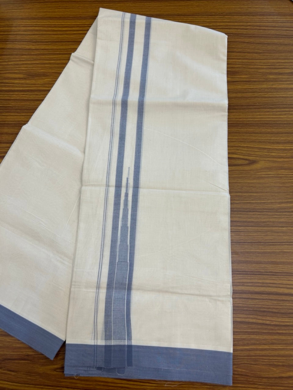 20% Discount! KaithariKada Balaramapuram 100% Cotton Double off white (Unbleached) Mundu/Dhoti - 100X80 - 1.75 inch Ash Blue Striped chutty Kara 4 mtr (8.5 Muzham) - 62 KK5283 PMC