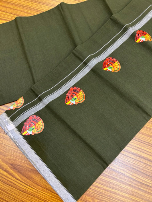 9% Discount !! Kaitharikada Pure Cotton - Single Kaily / Lungi - (40s) - 0.5 inch Theyyam Kadhakali Printed Design kara with Dark Olive Green colour body (2 meter / 4 muzham) - 27 KK8028 GAN