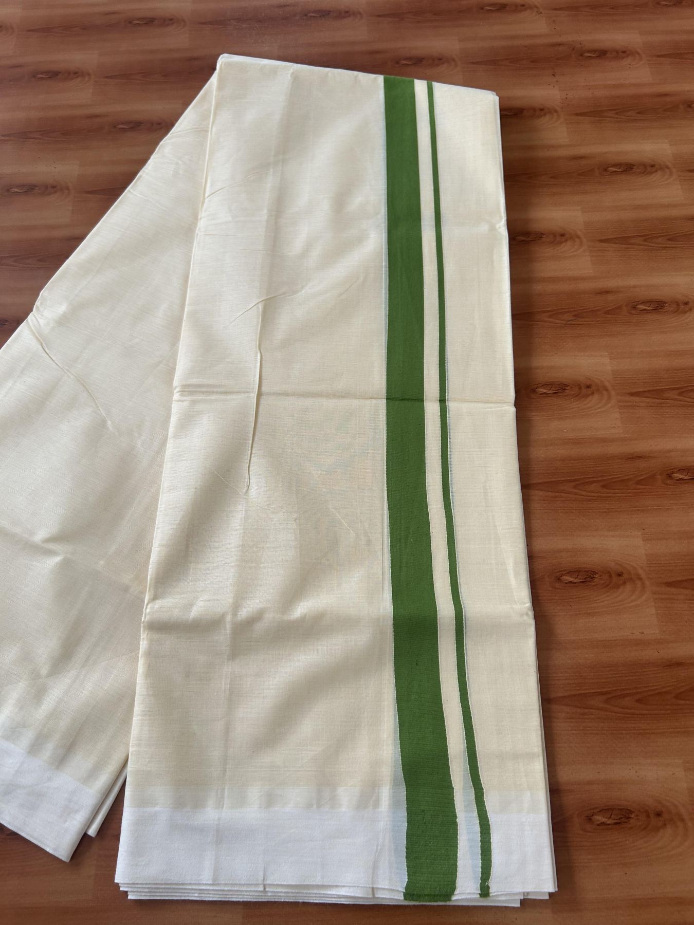 Kannur Kavi - 20% Discount! KaithariKada Balaramapuram Double Mundu/Dhoti - Pure Cotton - 100x80 - Kannur Yellow colour Body 1 Inch Forest Green kara - 4 mtr - (8.5 muzham) - 2 KK5389 GAN