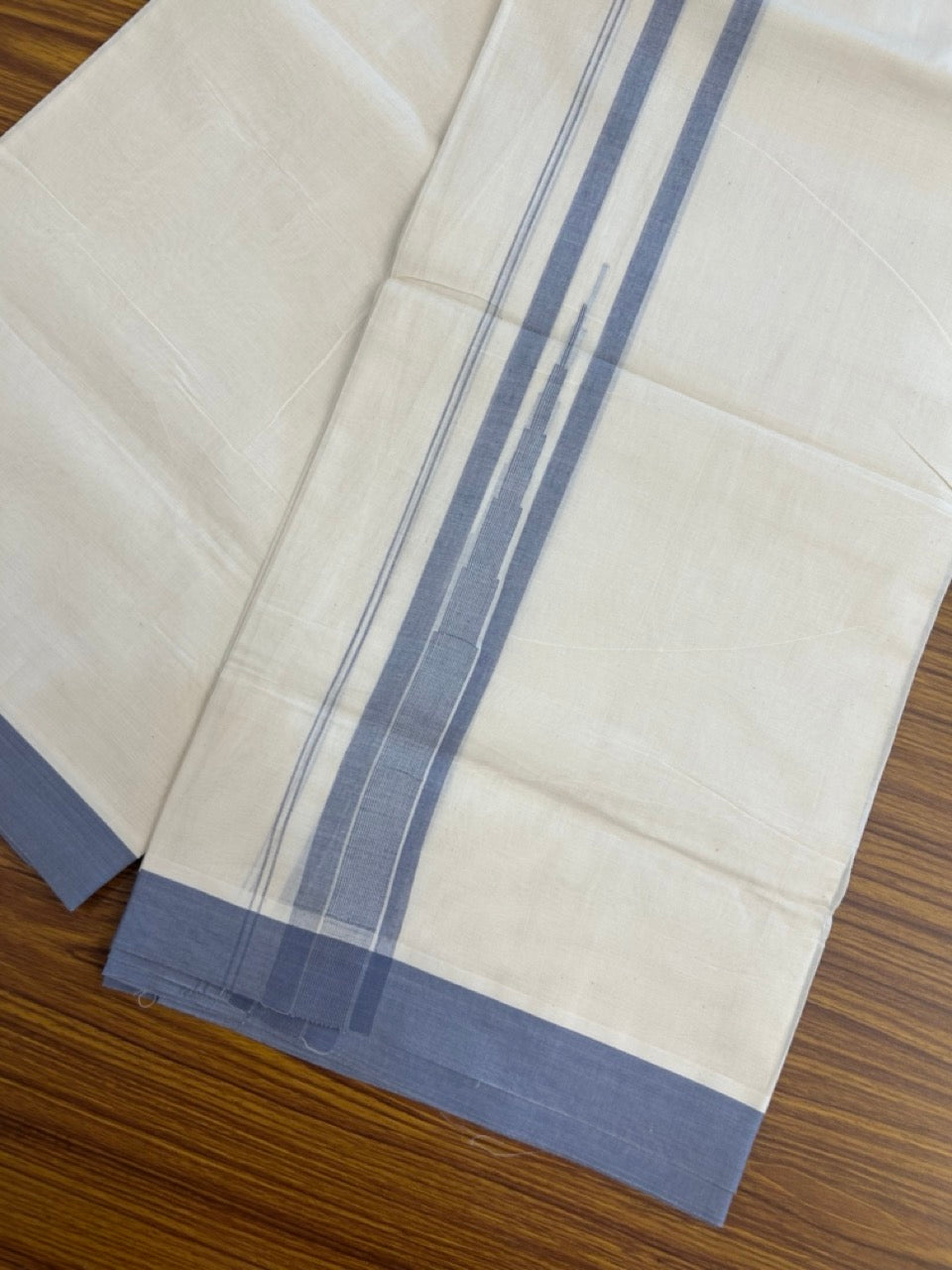 20% Discount! KaithariKada Balaramapuram 100% Cotton Double off white (Unbleached) Mundu/Dhoti - 100X80 - 1.75 inch Ash Blue Striped chutty Kara 4 mtr (8.5 Muzham) - 62 KK5283 PMC