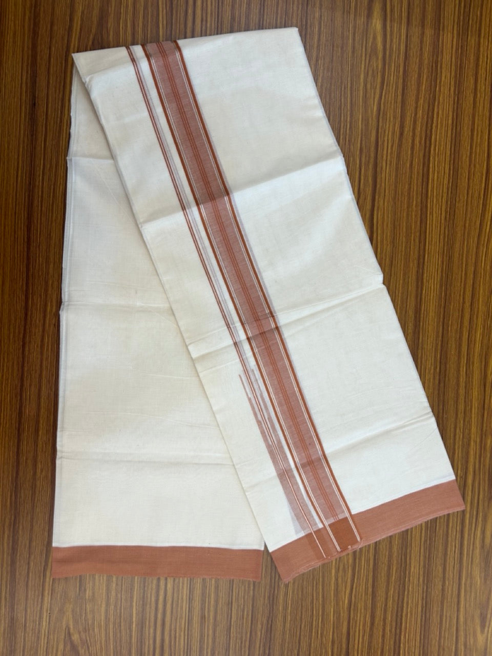 20% Discount! KaithariKada Balaramapuram 100%  Cotton Double off white (Unbleached) Mundu/Dhoti - 100X80 - 1.5 inch Silver kasavu & Brown shaded striped chutty - 4 mtr (8.5 Muzham) - 38 KK5283 PMC