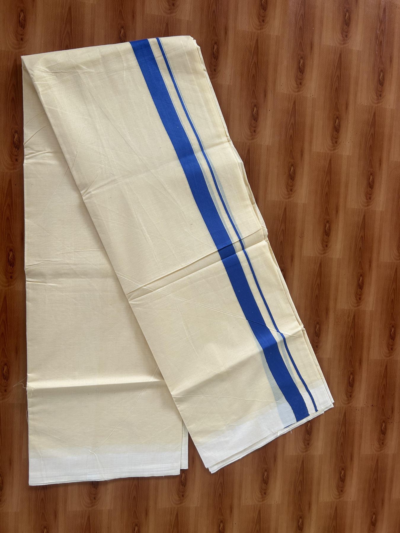 Kannur Kavi - 20% Discount! KaithariKada Balaramapuram Double Mundu/Dhoti - Pure Cotton - 100x80 - Kannur Yellow colour Body 1 Inch  Blue kara - 4 mtr - (8.5 muzham) - 10 KK5389 GAN