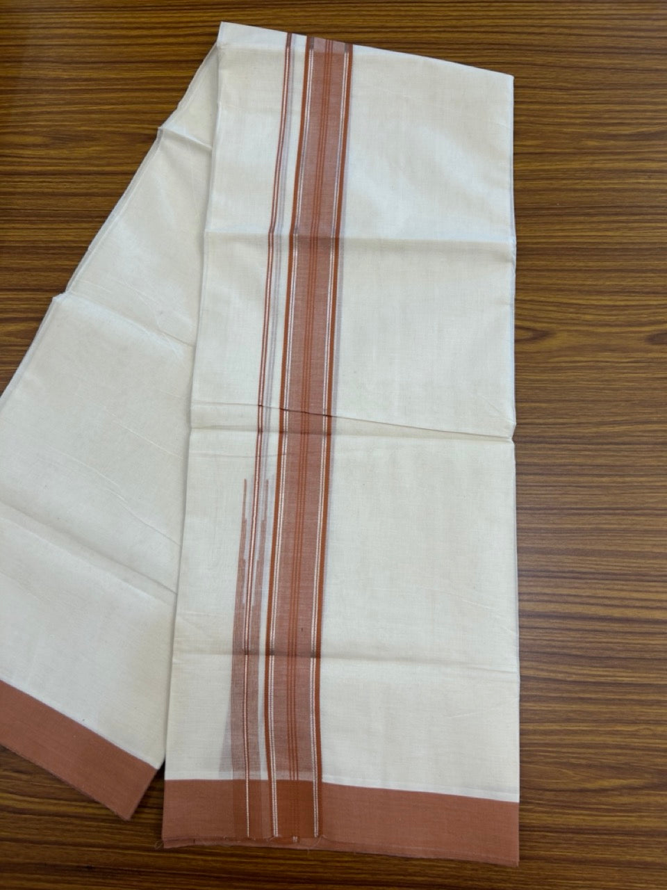 20% Discount! KaithariKada Balaramapuram 100%  Cotton Double off white (Unbleached) Mundu/Dhoti - 100X80 - 1.5 inch Silver kasavu & Brown shaded striped chutty - 4 mtr (8.5 Muzham) - 38 KK5283 PMC