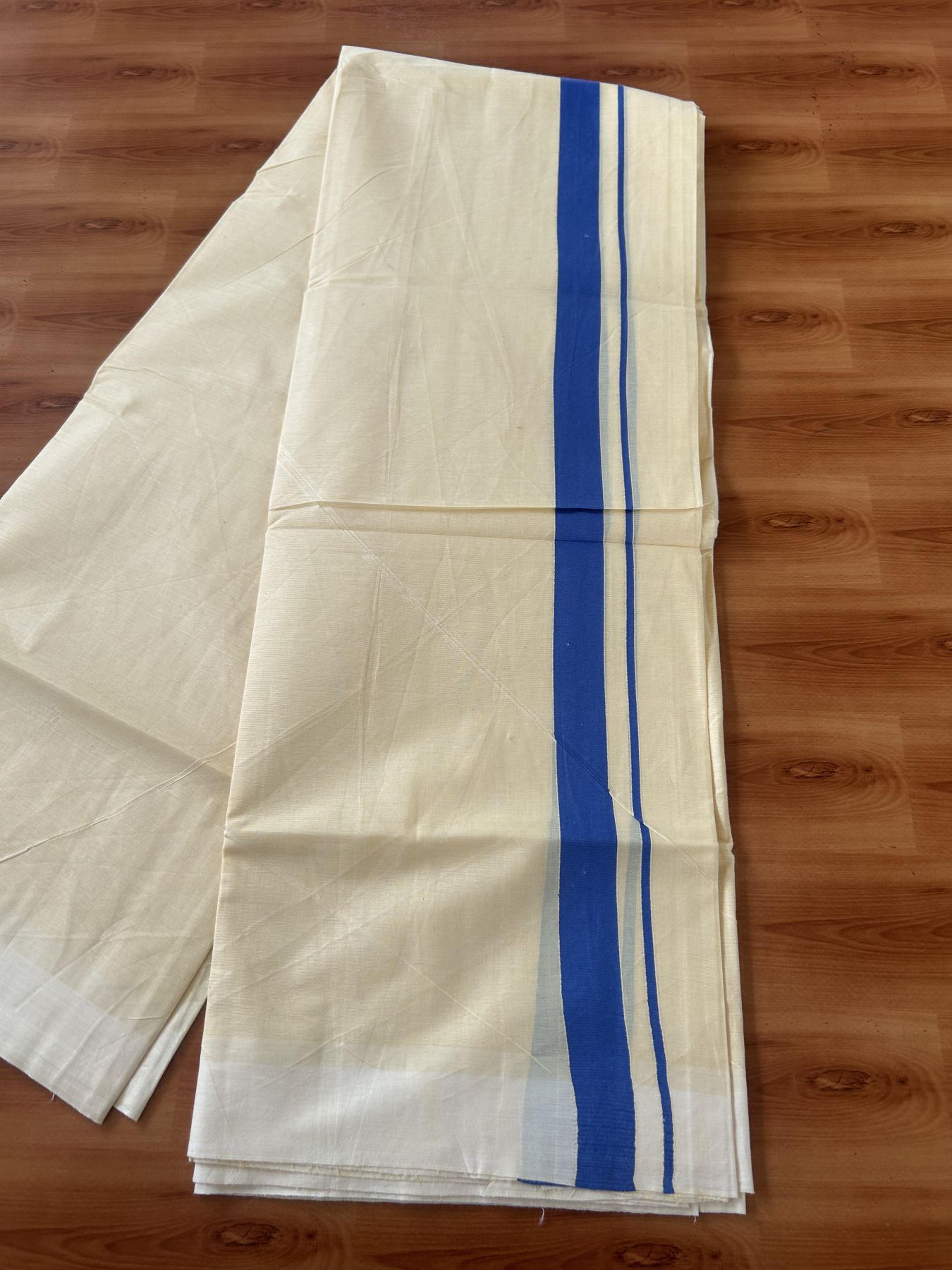 Kannur Kavi - 20% Discount! KaithariKada Balaramapuram Double Mundu/Dhoti - Pure Cotton - 100x80 - Kannur Yellow colour Body 1 Inch  Blue kara - 4 mtr - (8.5 muzham) - 10 KK5389 GAN