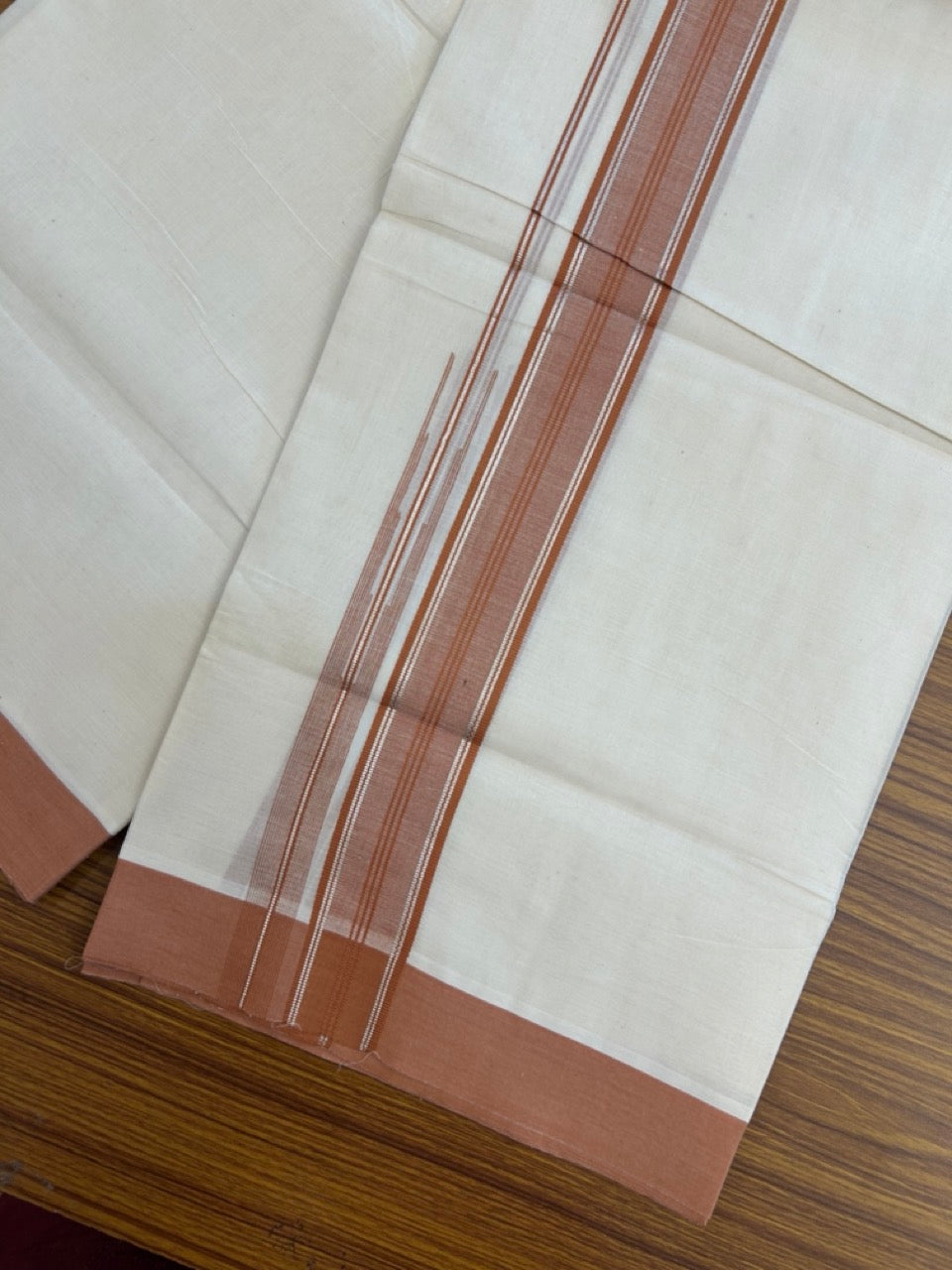 20% Discount! KaithariKada Balaramapuram 100%  Cotton Double off white (Unbleached) Mundu/Dhoti - 100X80 - 1.5 inch Silver kasavu & Brown shaded striped chutty - 4 mtr (8.5 Muzham) - 38 KK5283 PMC
