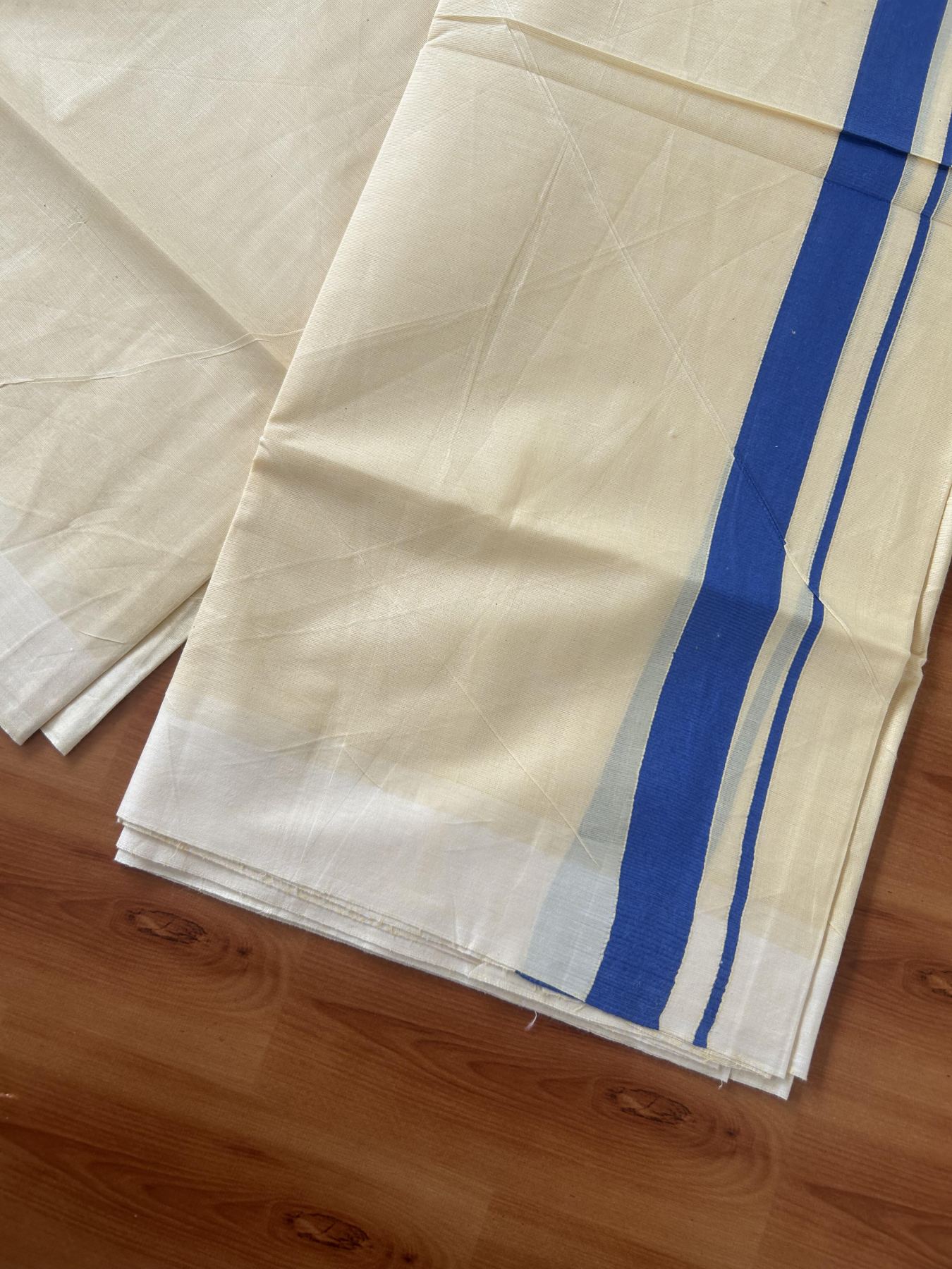 Kannur Kavi - 20% Discount! KaithariKada Balaramapuram Double Mundu/Dhoti - Pure Cotton - 100x80 - Kannur Yellow colour Body 1 Inch  Blue kara - 4 mtr - (8.5 muzham) - 10 KK5389 GAN