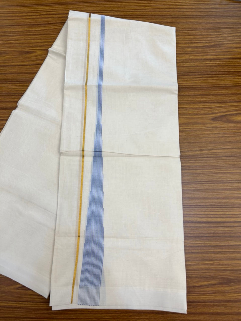 20% Discount ! Kaitharikada Balaramapuram 100% Pure Cotton Double Off white (Unbleached) Mundu/Dhoti - 100x80 - 1.5 inch Gold Kasav Sky Blue Shaded Stripes Chutty Kara - 17 KK5283 PMC