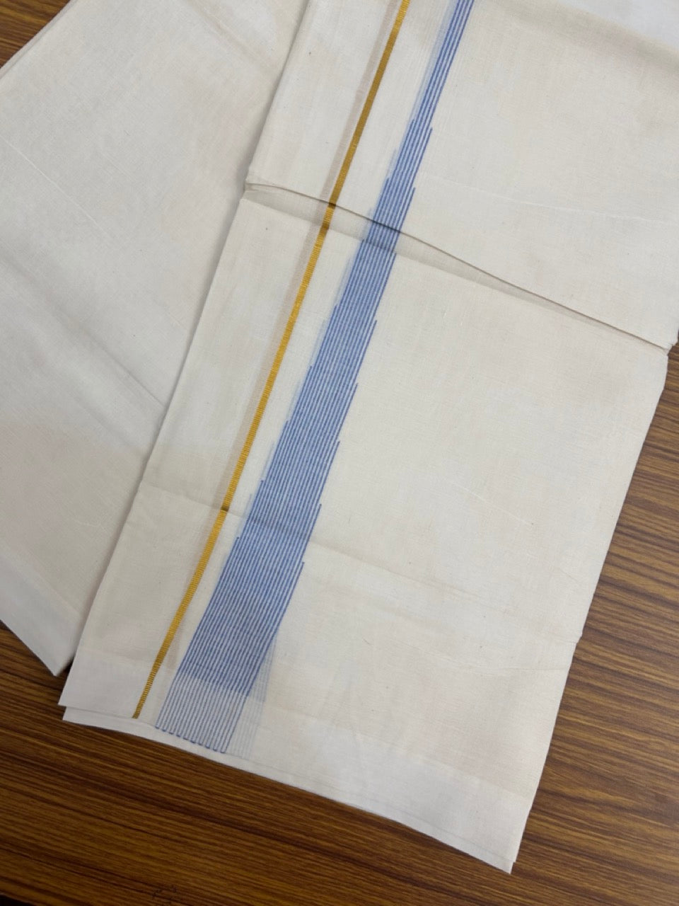 20% Discount ! Kaitharikada Balaramapuram 100% Pure Cotton Double Off white (Unbleached) Mundu/Dhoti - 100x80 - 1.5 inch Gold Kasav Sky Blue Shaded Stripes Chutty Kara - 17 KK5283 PMC