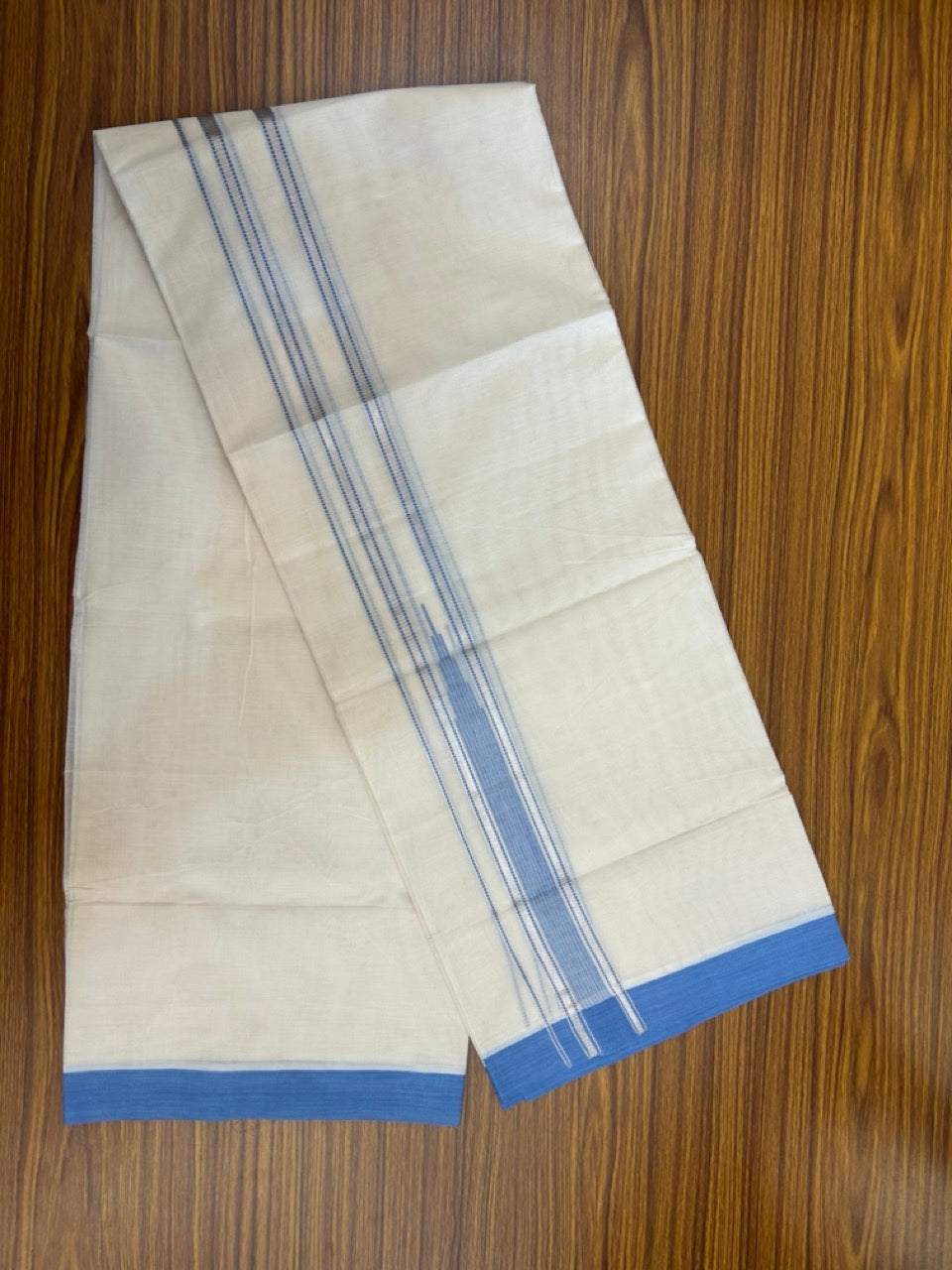 20% Discount! KaithariKada Balaramapuram 100%  Cotton Double off white (Unbleached) Mundu/Dhoti - 100X80 - 1.5 inch Silver kasavu & Light Blue striped chutty - 4 mtr (8.5 Muzham) - 42 KK5283 PMC