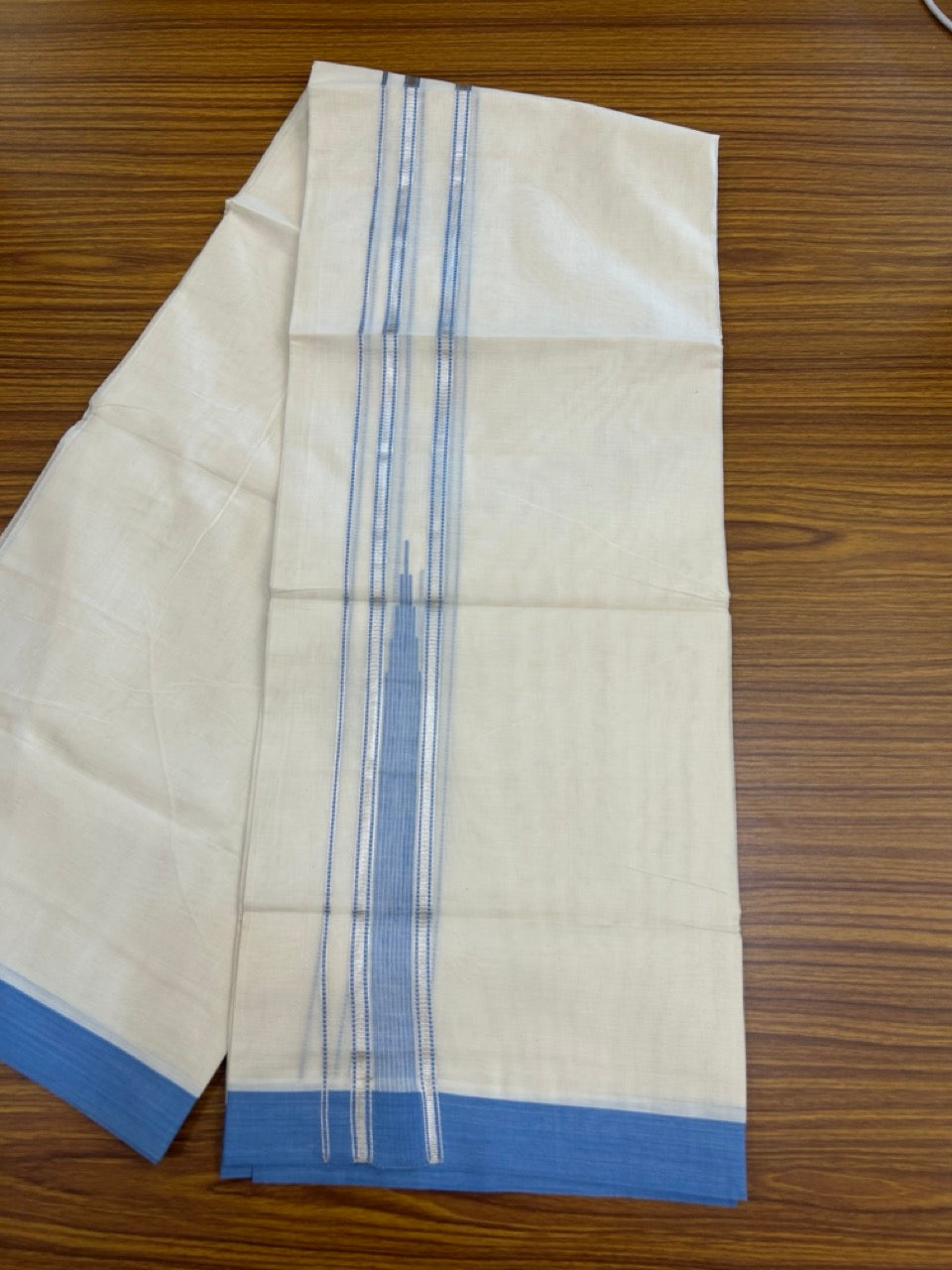 20% Discount! KaithariKada Balaramapuram 100%  Cotton Double off white (Unbleached) Mundu/Dhoti - 100X80 - 1.5 inch Silver kasavu & Light Blue striped chutty - 4 mtr (8.5 Muzham) - 42 KK5283 PMC