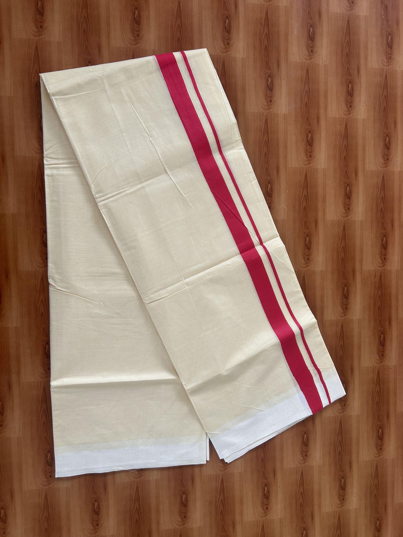 Kannur Kavi - 20% Discount! KaithariKada Balaramapuram Double Mundu/Dhoti - Pure Cotton - 100x80 - Kannur Yellow colour Body 1 Inch Red kara - 4 mtr - (8.5 muzham) - 5 KK5389 GAN