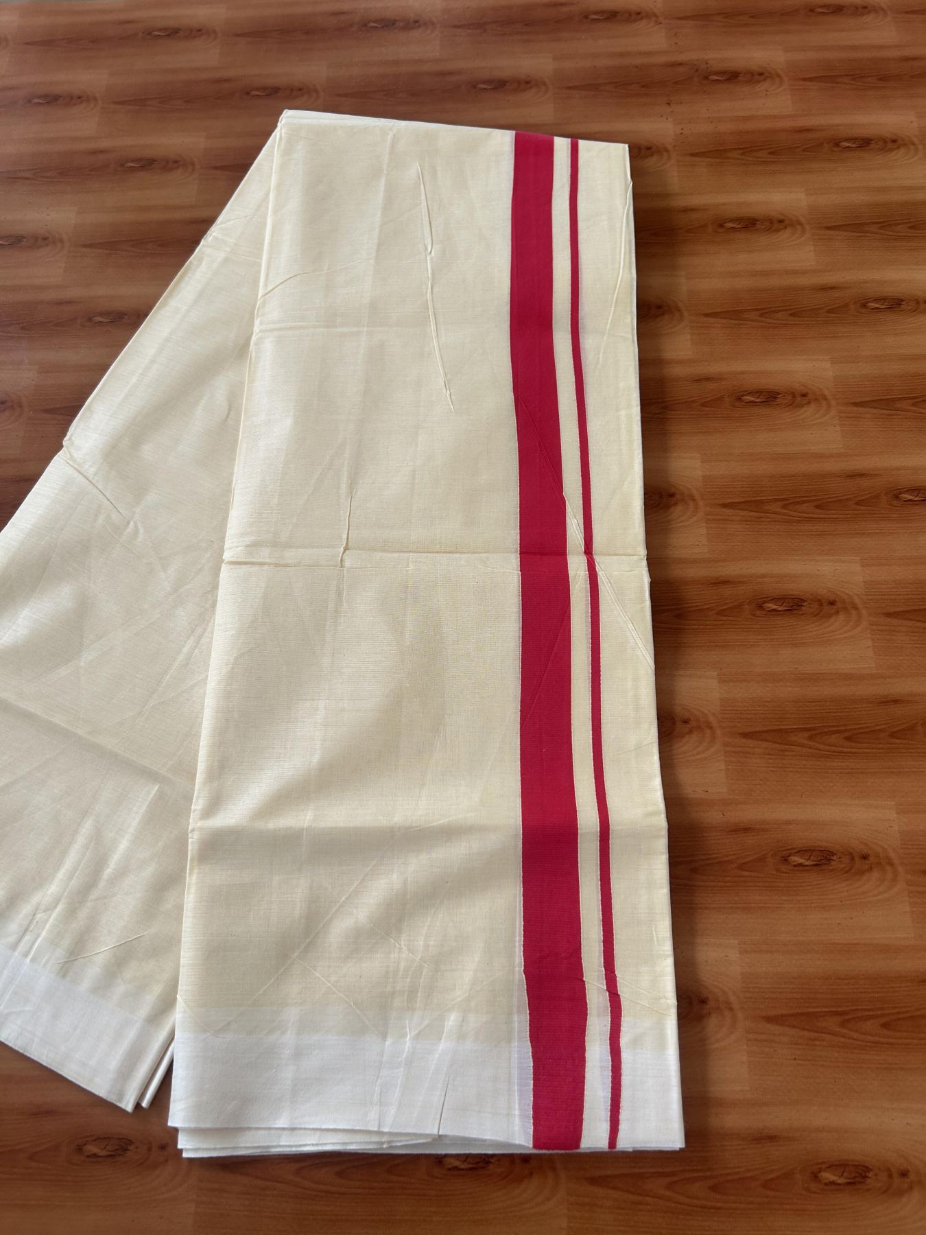 Kannur Kavi - 20% Discount! KaithariKada Balaramapuram Double Mundu/Dhoti - Pure Cotton - 100x80 - Kannur Yellow colour Body 1 Inch Red kara - 4 mtr - (8.5 muzham) - 5 KK5389 GAN