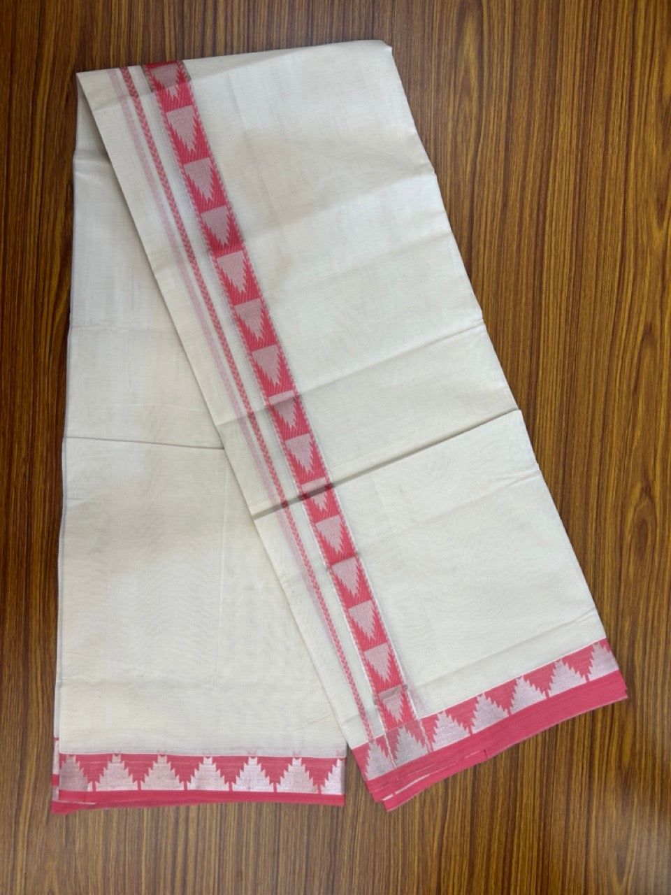 20% DISCOUNT ! KaithariKada Balaramapuram 100% Cotton Double off white  (Unbleached) Mundu/Dhoti - 100X80 - 1.25 inch Silver kasavu & Pink Temple jacquard design kara - 4 mtr (8.5 Muzham) - 30 KK5283 PMC