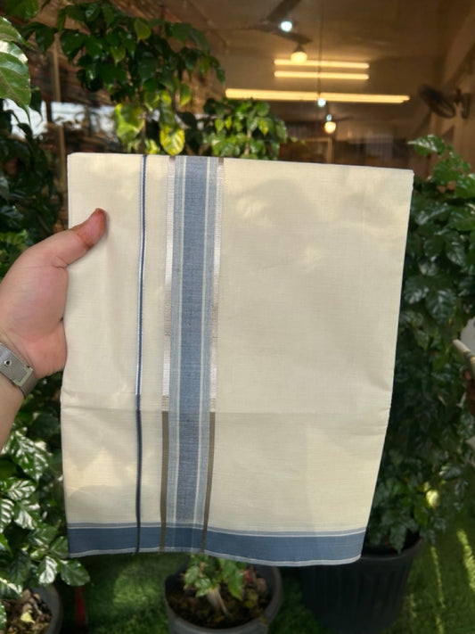 20% Discount! KaithariKada Balaramapuram 100% Cotton Double off white (Unbleached) Mundu/Dhoti - 100X80 - 1.75 inch Silver kasav & Ash Blue Striped Kara 4 mtr (8.5 Muzham) - 67 KK5283 PMC