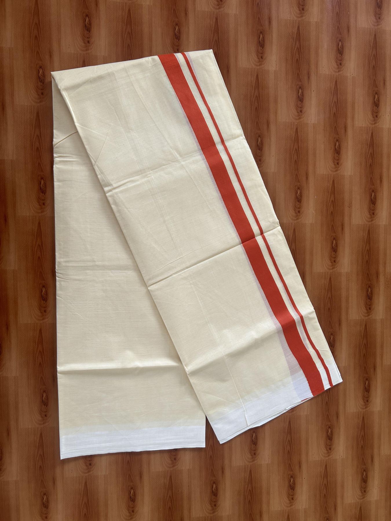 Kannur Kavi - 20% Discount! KaithariKada Balaramapuram Double Mundu/Dhoti - Pure Cotton - 100x80 - Kannur Yellow colour Body 1 Inch Orange kara - 4 mtr - (8.5 muzham) - 4 KK5389 GAN