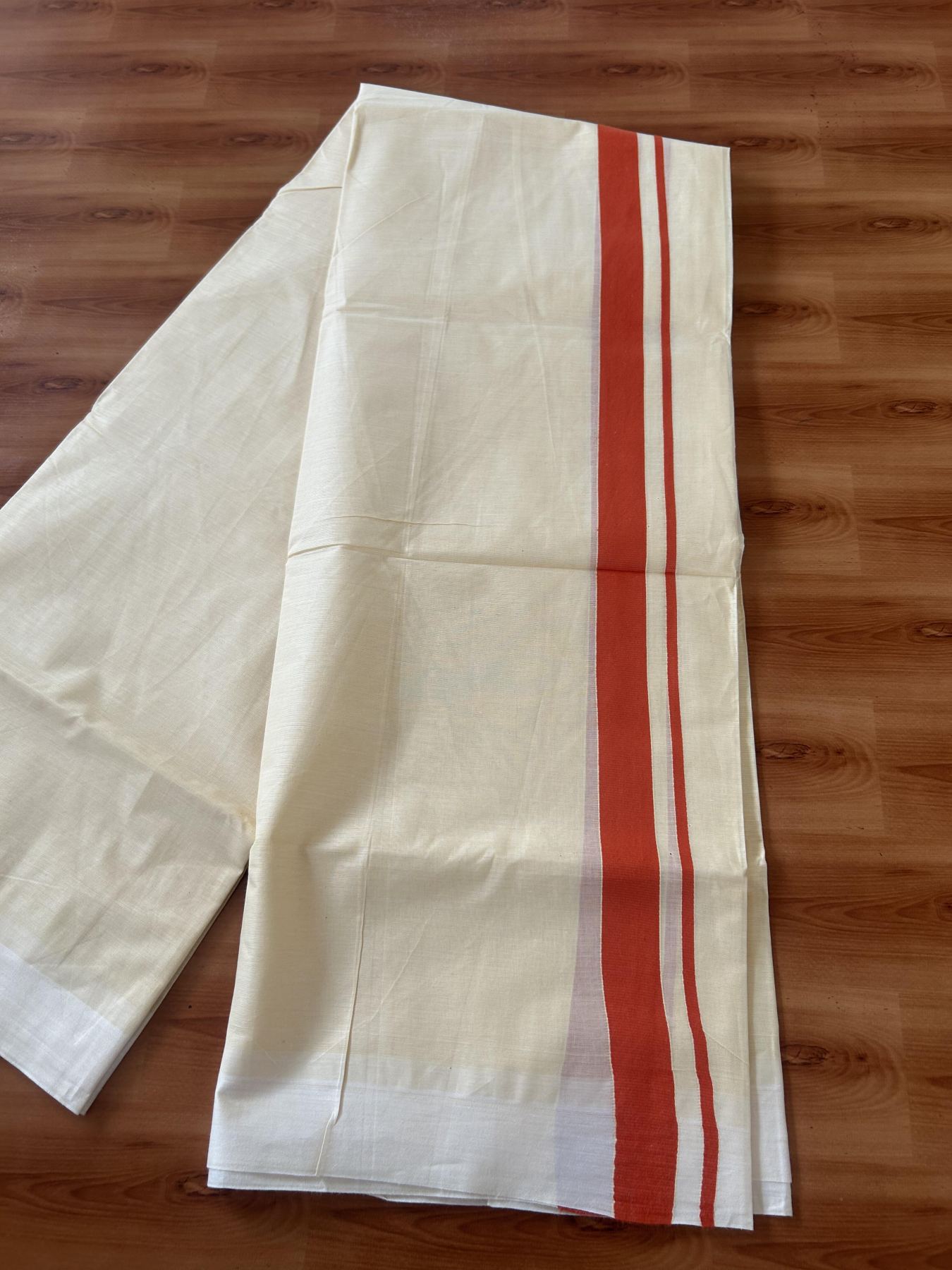 Kannur Kavi - 20% Discount! KaithariKada Balaramapuram Double Mundu/Dhoti - Pure Cotton - 100x80 - Kannur Yellow colour Body 1 Inch Orange kara - 4 mtr - (8.5 muzham) - 4 KK5389 GAN