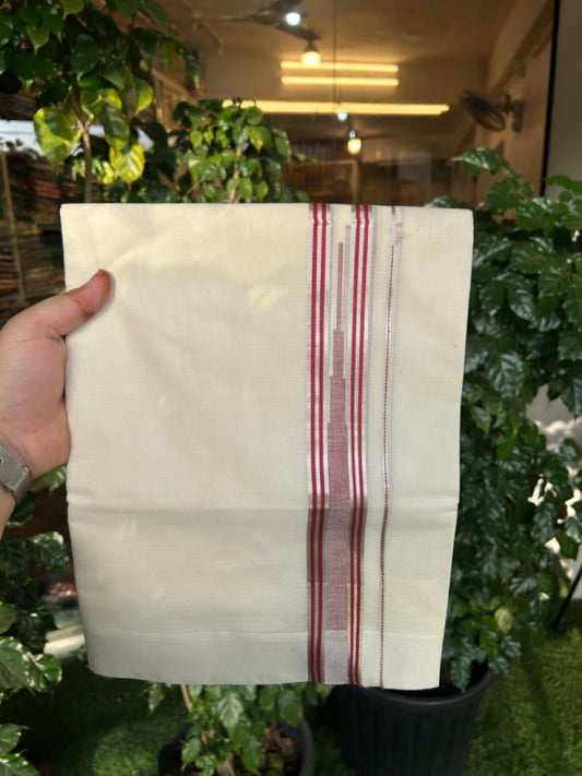 20% Discount! KaithariKada Balaramapuram 100%  Cotton Double off white (Unbleached) Mundu/Dhoti - 100X80 - 1.5 inch Silver kasav & Reddish Maroon Striped chutty Kara 4 mtr (8.5 Muzham) - 46 KK5283 PMC