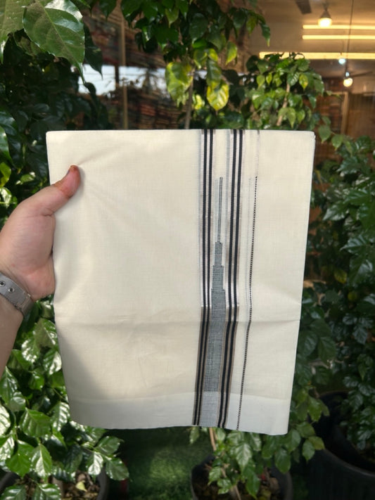 20% Discount! KaithariKada Balaramapuram 100%  Cotton Double off white (Unbleached) Mundu/Dhoti - 100X80 - 1.75 inch Silver kasav & Black Striped chutty Kara 4 mtr (8.5 Muzham) - 49 KK5283 PMC