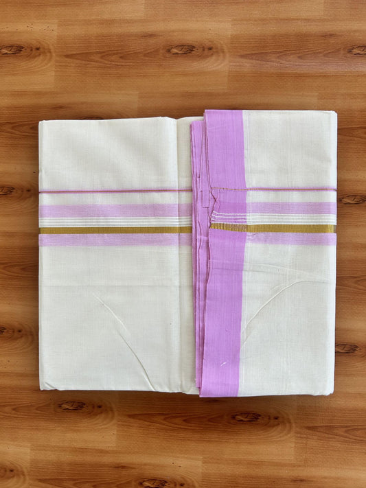 Double Off White (Unbleached) Mundu/Dhoti - 20% Discount! Kaitharikada Pure Cotton - 80x80 - 1.5 Inch Gold Kasav & Pink Shaded Striped Kara 4 mtr (8.5 muzham) - 21 KK5465 MRH