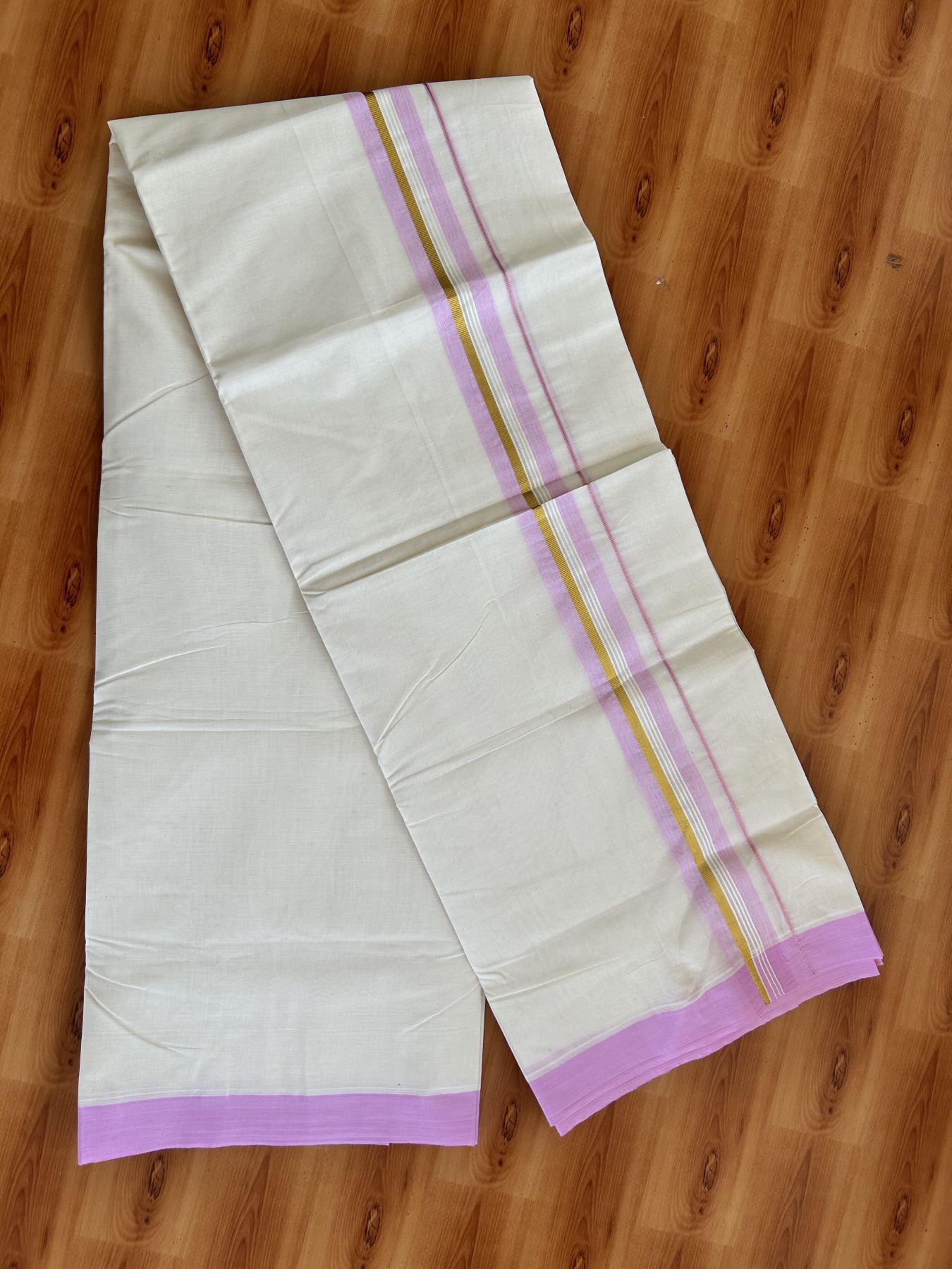 Double Off White (Unbleached) Mundu/Dhoti - 20% Discount! Kaitharikada Pure Cotton - 80x80 - 1.5 Inch Gold Kasav & Pink Shaded Striped Kara 4 mtr (8.5 muzham) - 21 KK5465 MRH