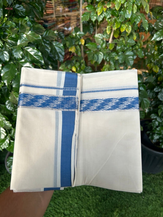 20% DISCOUNT ! KaithariKada Balaramapuram 100%  Cotton Double off white  (Unbleached) Mundu/Dhoti - 100X80 - 1.25 inch Silver kasavu & Blue jacquard design kara - 4 mtr (8.5 Muzham) - 28 KK5283 PMC