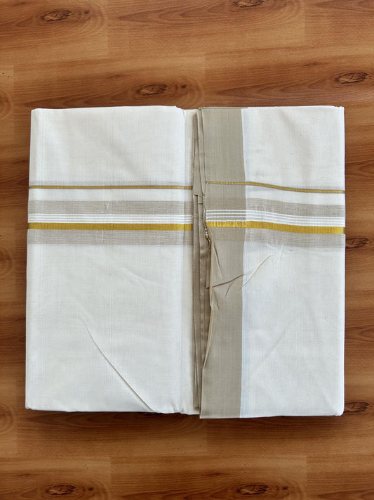 Double Off White (Unbleached) Mundu/Dhoti - 20% Discount! Kaitharikada Pure Cotton - 80x80 - 1.5 Inch Gold Kasav & Light Beige Shaded Striped Kara 4 mtr (8.5 muzham) - 25 KK5465 MRH