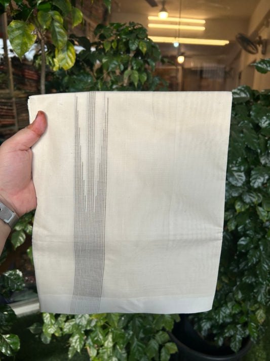 20% Discount! KaithariKada Balaramapuram 100% Cotton Double off white (Unbleached) Mundu/Dhoti - 100X80 - 1.5 inch Pastel Olive Green Striped chutty Kara 4 mtr (8.5 Muzham) - 51 KK5283 PMC