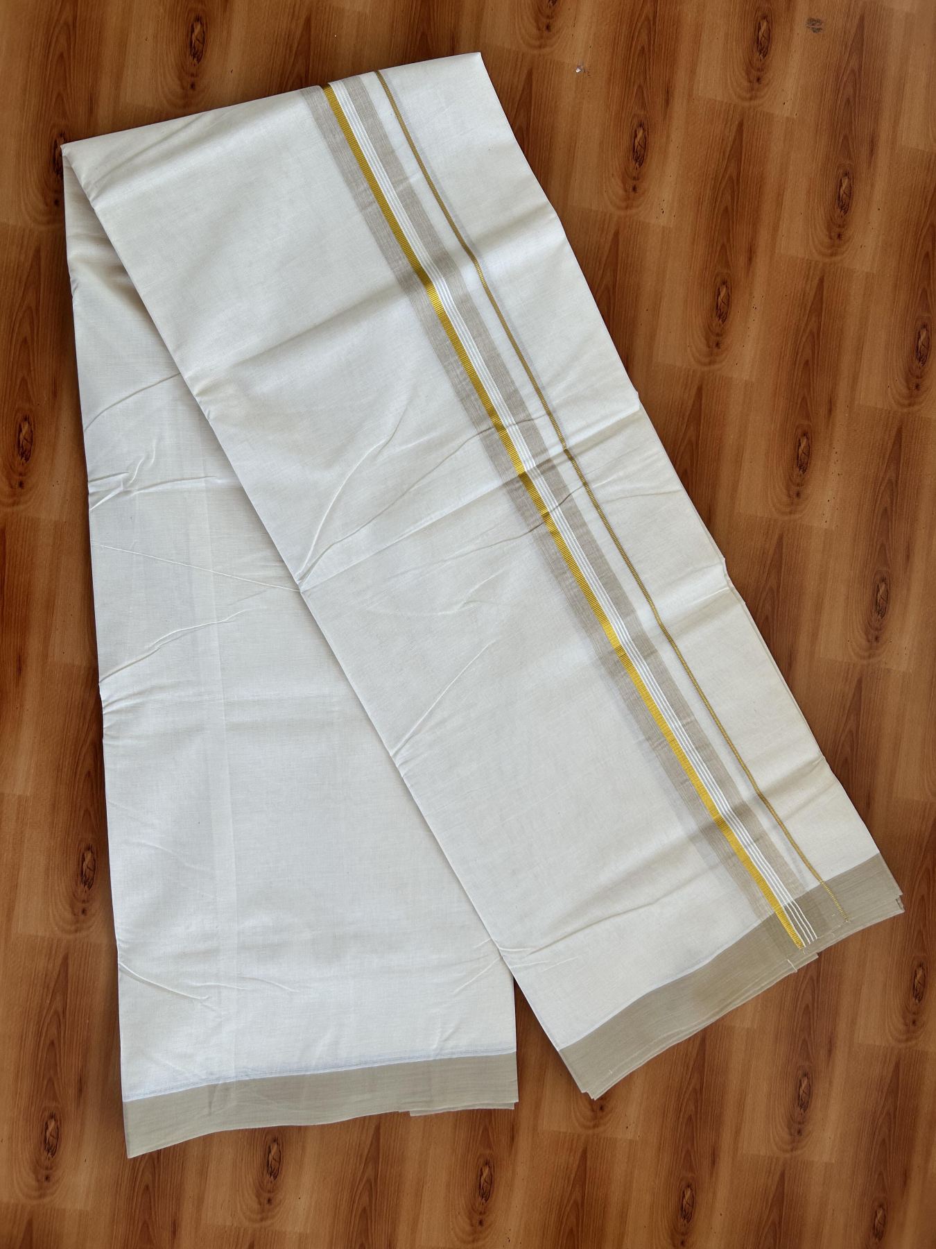 Double Off White (Unbleached) Mundu/Dhoti - 20% Discount! Kaitharikada Pure Cotton - 80x80 - 1.5 Inch Gold Kasav & Light Beige Shaded Striped Kara 4 mtr (8.5 muzham) - 25 KK5465 MRH