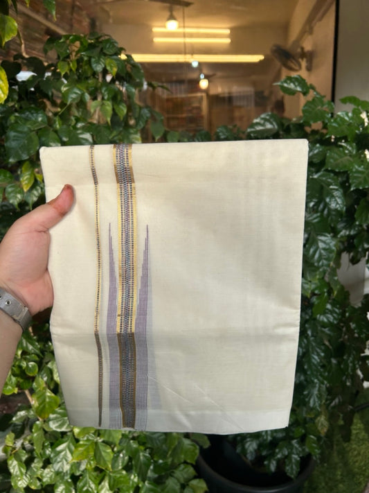 20% Discount ! Kaitharikada Balaramapuram 100% Pure Cotton Double Off white (Unbleached) Mundu/Dhoti - 100x80 - 1.75 inch Gold Kasav & Purple Stripes Chutty Kara - 25 KK5283 PMC