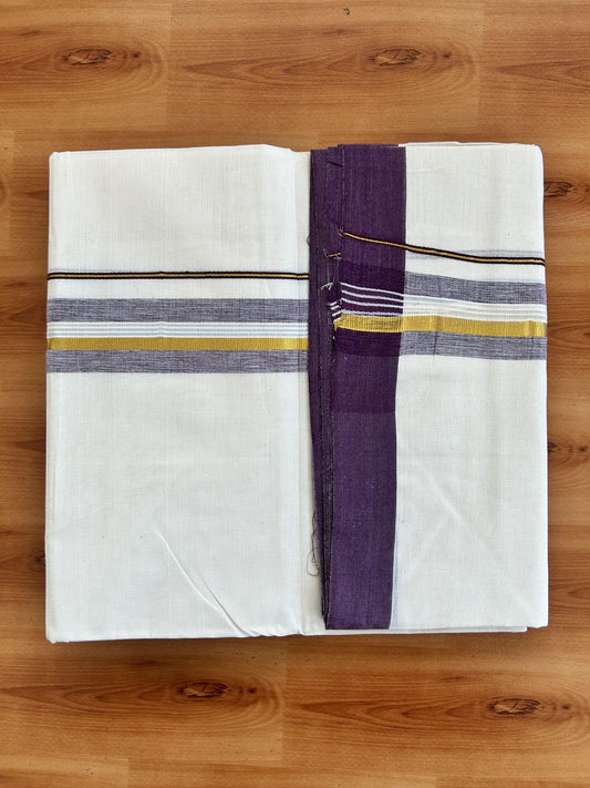 Double Off White (Unbleached) Mundu/Dhoti - 20% Discount! Kaitharikada Pure Cotton - 80x80 - 1.5 Inch Gold Kasav & Purple Shaded Striped Kara 4 mtr (8.5 muzham) - 24 KK5465 MRH