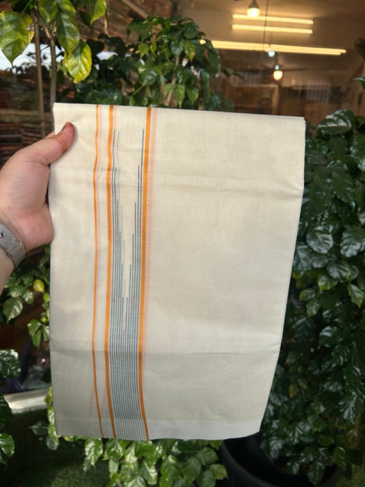 20% Discount! KaithariKada Balaramapuram 100% Cotton Double off white (Unbleached) Mundu/Dhoti - 100X80 - 1.5 inch Yellow, Green & Red Striped chutty Kara 4 mtr (8.5 Muzham) - 66 KK5283 PMC