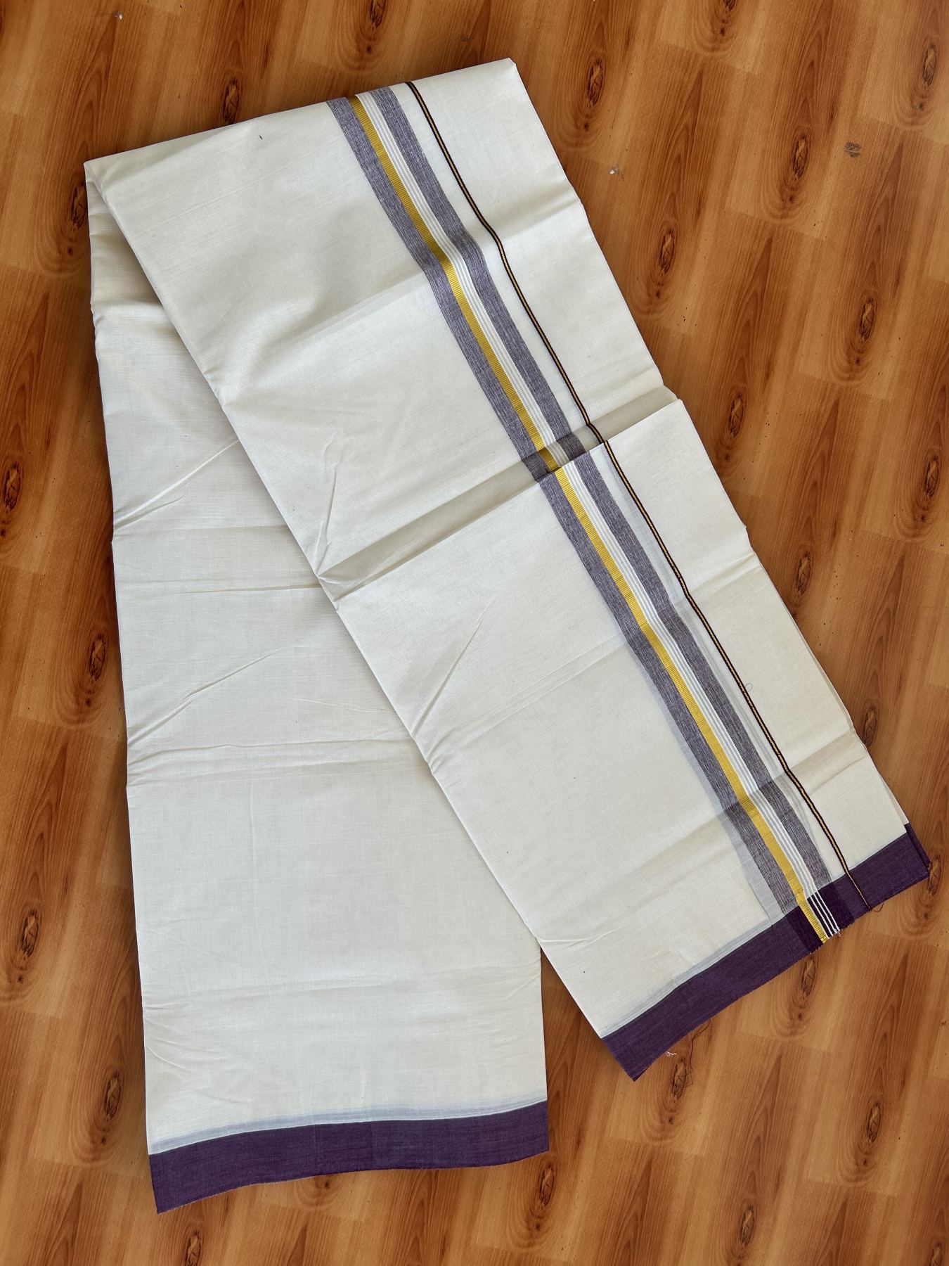 Double Off White (Unbleached) Mundu/Dhoti - 20% Discount! Kaitharikada Pure Cotton - 80x80 - 1.5 Inch Gold Kasav & Purple Shaded Striped Kara 4 mtr (8.5 muzham) - 24 KK5465 MRH