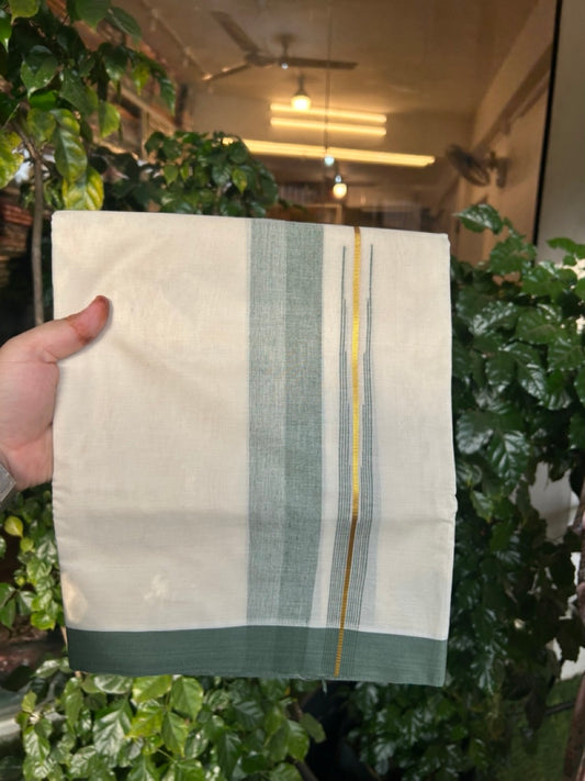 20% Discount ! Kaitharikada Balaramapuram 100% Pure Cotton Double Off white (Unbleached) Mundu/Dhoti - 100x80 - 1.75 inch Gold Kasav Sage Green Shaded Stripes Chutty Kara - 15 KK5283 PMC