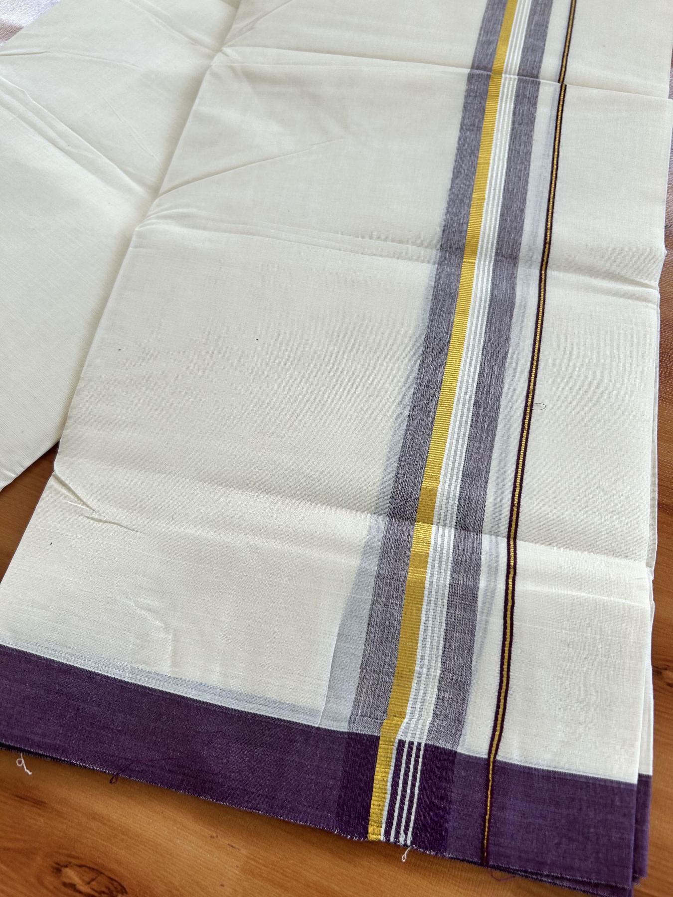 Double Off White (Unbleached) Mundu/Dhoti - 20% Discount! Kaitharikada Pure Cotton - 80x80 - 1.5 Inch Gold Kasav & Purple Shaded Striped Kara 4 mtr (8.5 muzham) - 24 KK5465 MRH