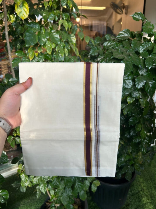 20% Discount ! Kaitharikada Balaramapuram 100% Pure Cotton Double Off white (Unbleached) Mundu/Dhoti - 100x80 - 0.75 inch Gold Kasav & Dark Maroon Shaded Chutty Kara - 21 KK5283 PMC