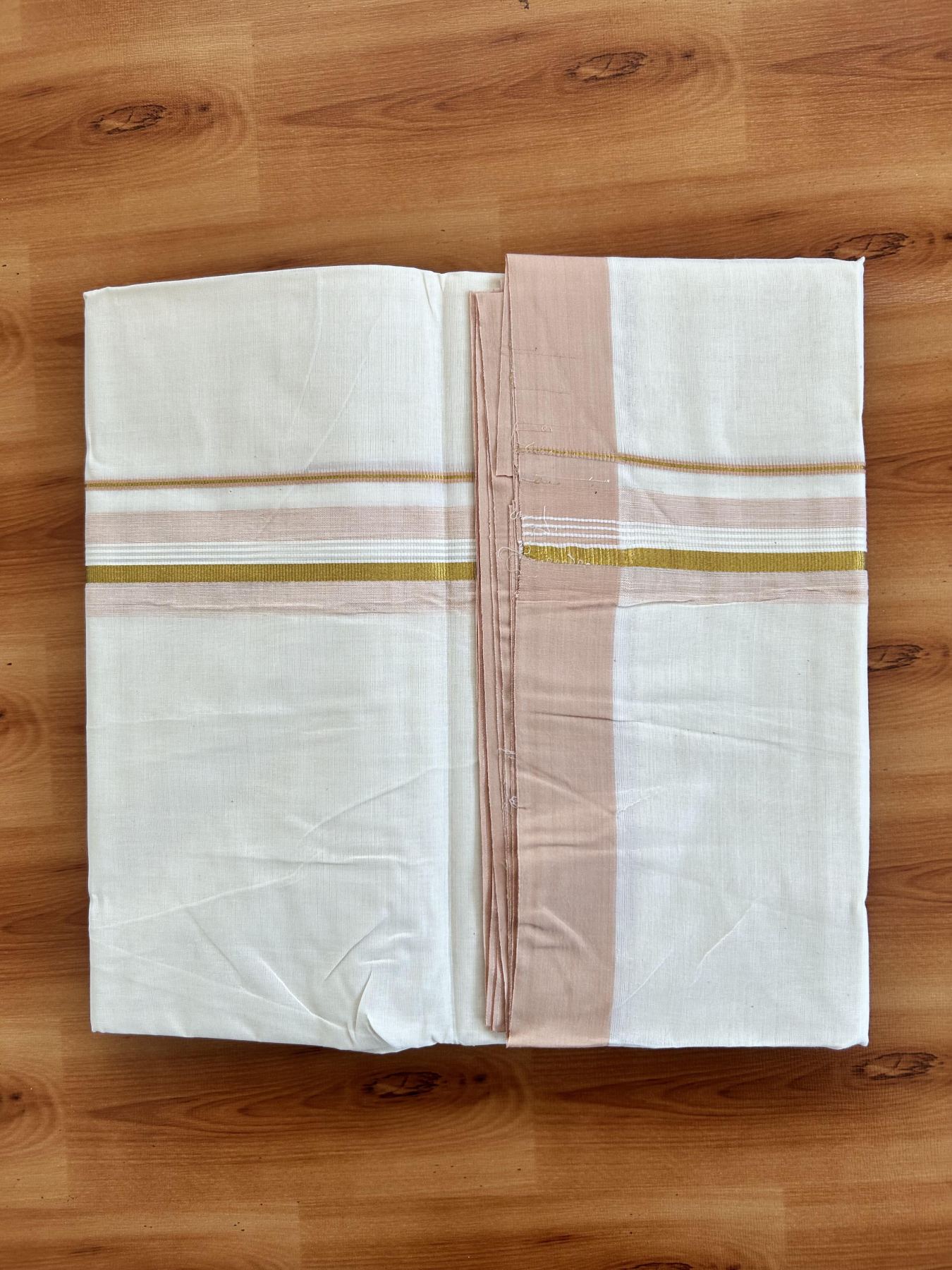 Double Off White (Unbleached) Mundu/Dhoti - 20% Discount! Kaitharikada Pure Cotton - 80x80 - 1.5 Inch Gold Kasav & Light Peach Shaded Striped Kara 4 mtr (8.5 muzham) - 22 KK5465 MRH