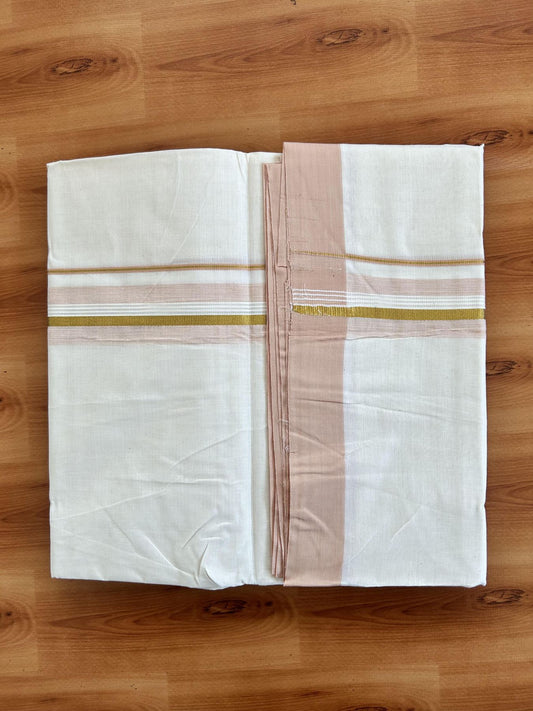 Double Off White (Unbleached) Mundu/Dhoti - 20% Discount! Kaitharikada Pure Cotton - 80x80 - 1.5 Inch Gold Kasav & Light Peach Shaded Striped Kara 4 mtr (8.5 muzham) - 22 KK5465 MRH