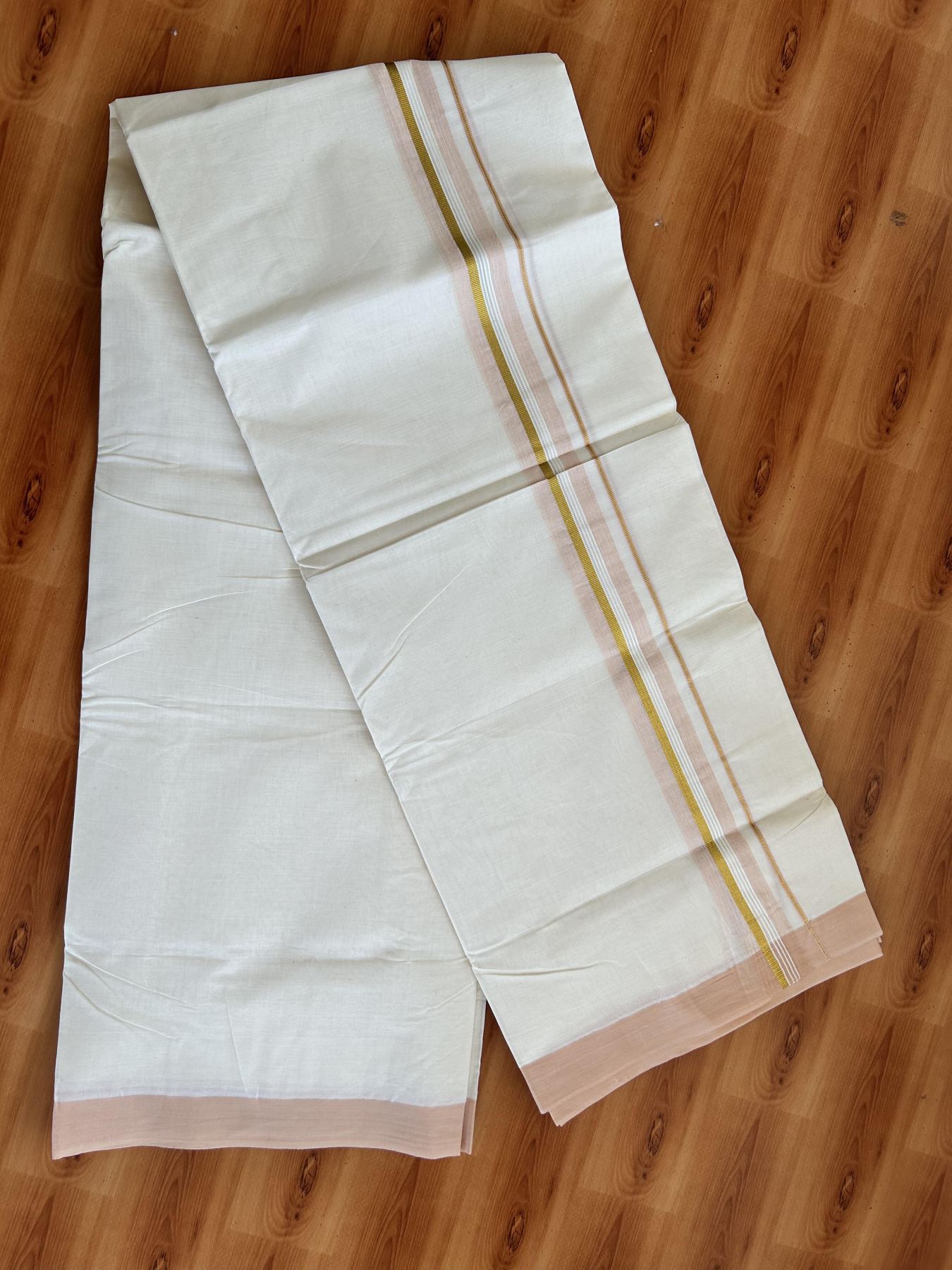 Double Off White (Unbleached) Mundu/Dhoti - 20% Discount! Kaitharikada Pure Cotton - 80x80 - 1.5 Inch Gold Kasav & Light Peach Shaded Striped Kara 4 mtr (8.5 muzham) - 22 KK5465 MRH