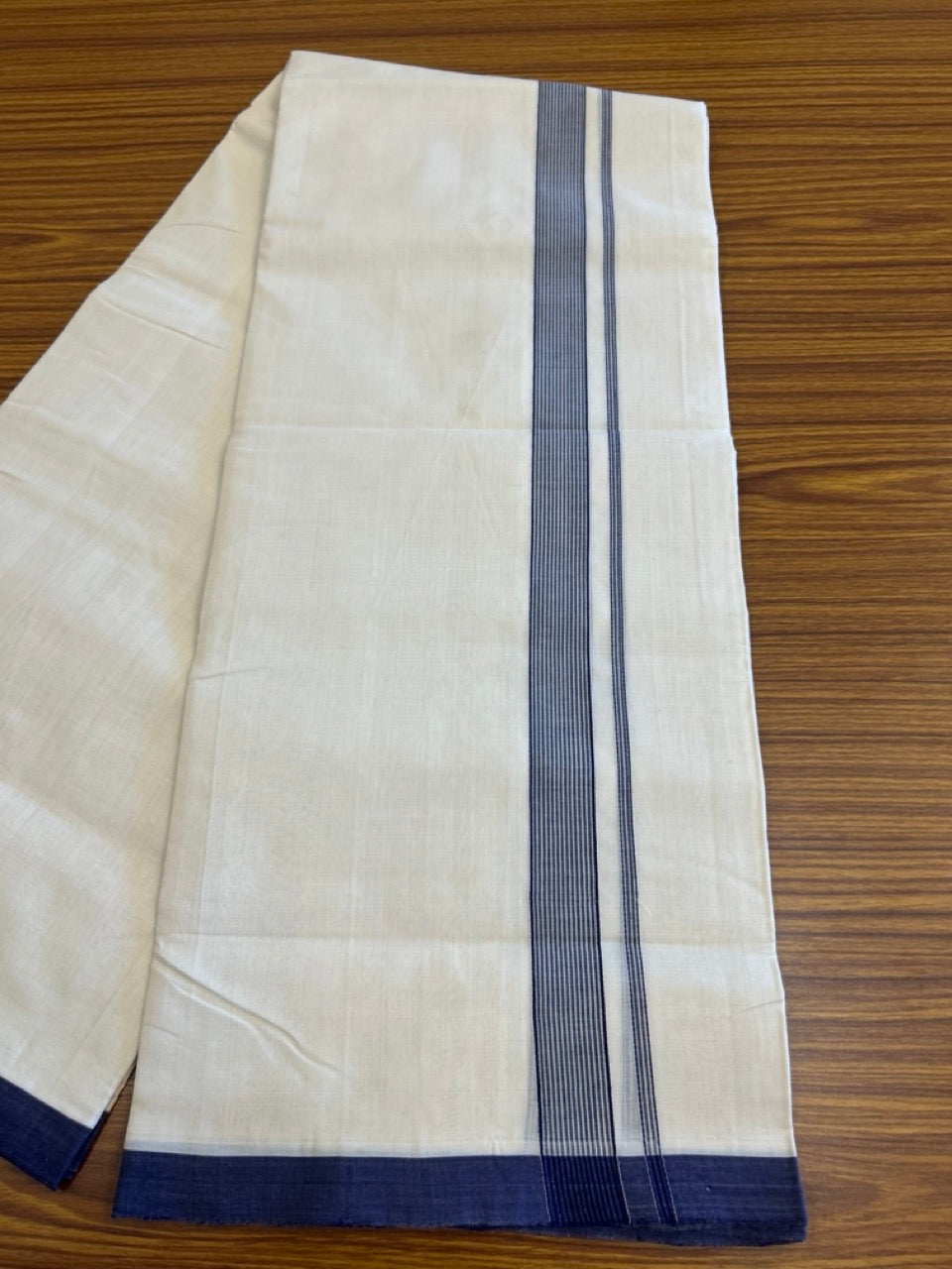 25% DISCOUNT!! KaithariKada HANDLOOM UNAKKUPAAV Balaramapuram - 100% PURE Cotton OFF White Double - (Unbleached) Mundu/Dothi - 1.75 inch Deep Blue Stripes Kara 4.5 Meters (10 Muzham) - 3KK5041SOM