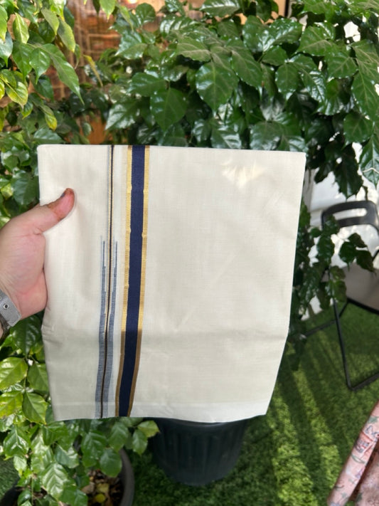 20% Discount ! Kaitharikada Balaramapuram 100% Pure Cotton Double Off white (Unbleached) Mundu/Dhoti - 100x80 - 0.75 inch Gold Kasav & Navy Blue Shaded Chutty Kara - 22 KK5283 PMC