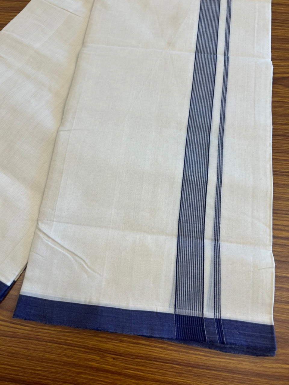 25% DISCOUNT!! KaithariKada HANDLOOM UNAKKUPAAV Balaramapuram - 100% PURE Cotton OFF White Double - (Unbleached) Mundu/Dothi - 1.75 inch Deep Blue Stripes Kara 4.5 Meters (10 Muzham) - 3KK5041SOM