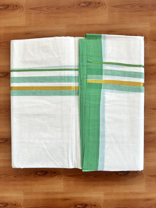 Double Off White (Unbleached) Mundu/Dhoti - 20% Discount! Kaitharikada Pure Cotton - 80x80 - 1.5 Inch Gold Kasav & Light Green Shaded Striped Kara 4 mtr (8.5 muzham) - 23 KK5465 MRH