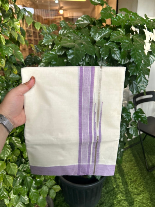 20% Discount ! Kaitharikada Balaramapuram 100% Pure Cotton Double Off white (Unbleached) Mundu/Dhoti - 100x80 - 1.25 inch Silver Kasav Lavender Shaded Stripes Chutty Kara 4 mtr (8.5 muzham) - 35 KK5283 PMC