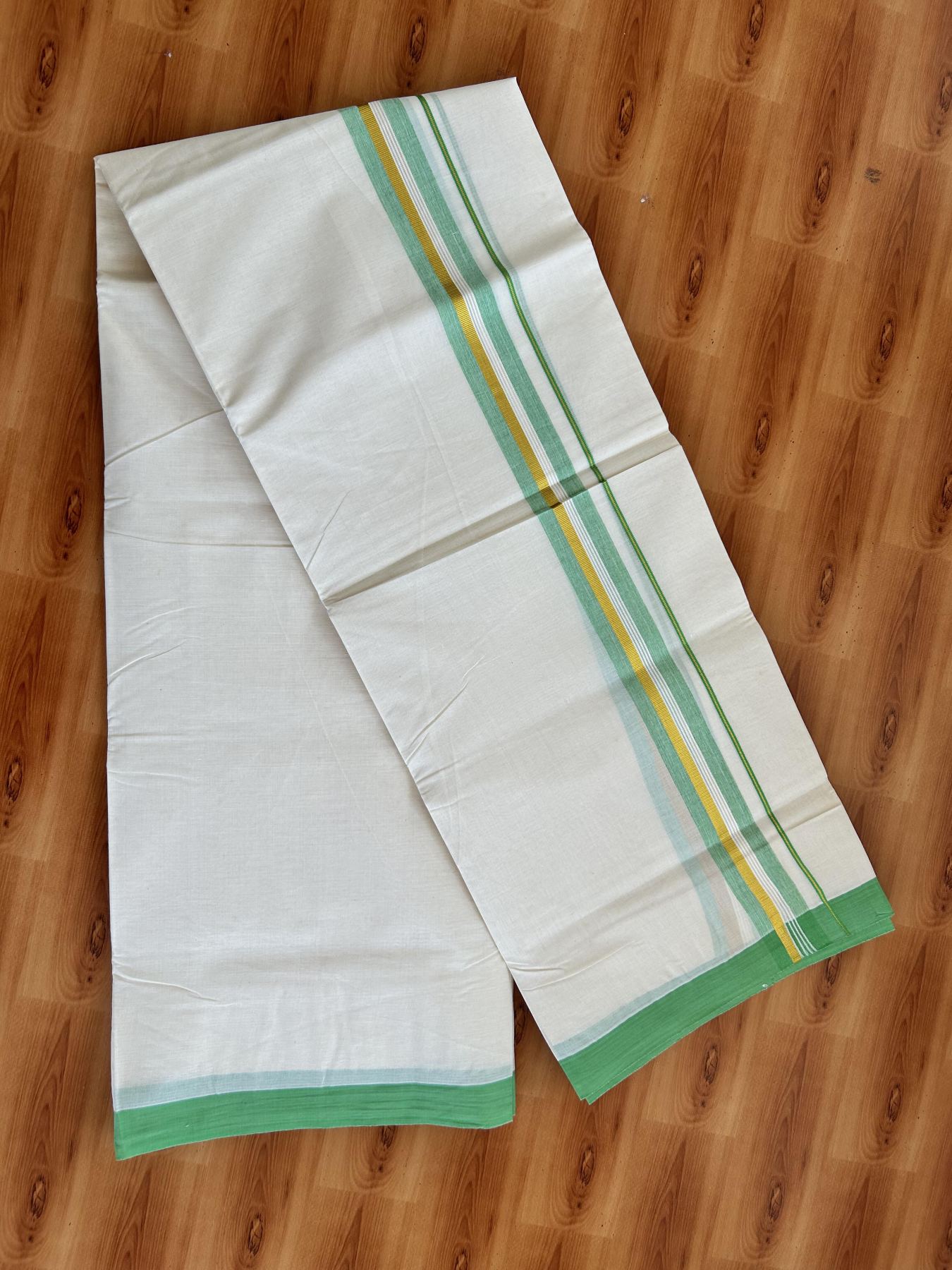 Double Off White (Unbleached) Mundu/Dhoti - 20% Discount! Kaitharikada Pure Cotton - 80x80 - 1.5 Inch Gold Kasav & Light Green Shaded Striped Kara 4 mtr (8.5 muzham) - 23 KK5465 MRH